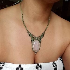 Handmade macrame adjustable rose quartz gemstone necklace